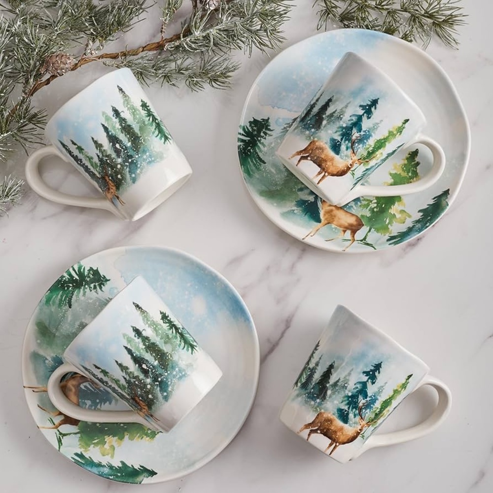 Bico Enchanted Deer Dreamscape Ceramic Mugs, Set‎ of 4, for Coffee, Tea, Drink